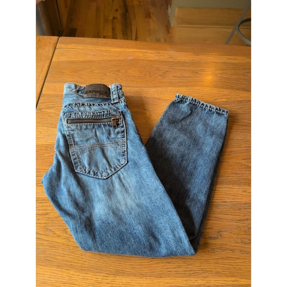 Express‎ Rocco Slim Fit Straight Leg Jean Mens 28x30 Distressed Cotton Denim GUC